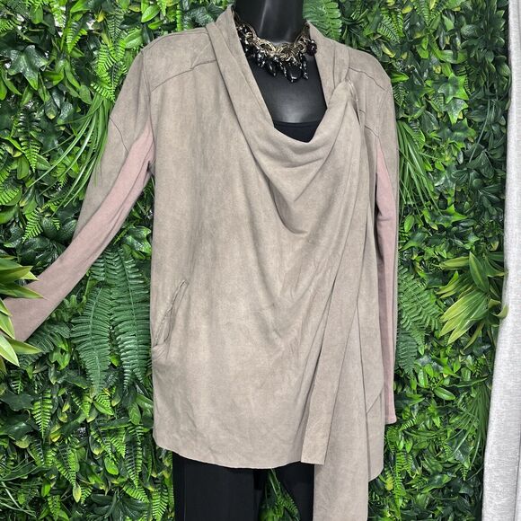 BLANCNYC Jacket Women Small Tan Brown Duster Drape Cardigan Faux Suede 2215 - Picture 9 of 10